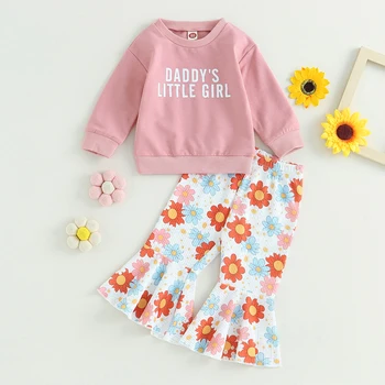 Новая осенняя одежда для маленьких девочек, толстовка с длинным рукавом и буквенным принтом, Розовые топы с цветочным принтом, расклешенные брюки, комплект одежды