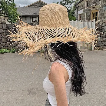 Новая соломенная шляпа с полым круглым верхом, сплетенная из рафии и травы, для женщин, летняя шляпа для фотосъемки в Европе и Америке, Пляжная шляпа