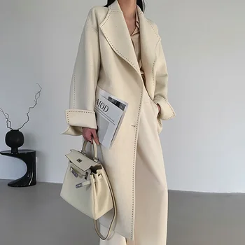 Новое женское пальто из натуральной шерсти, женская модная Зимне-осенняя шикарная куртка с поясом, карманами с длинным рукавом, тренч HX5780