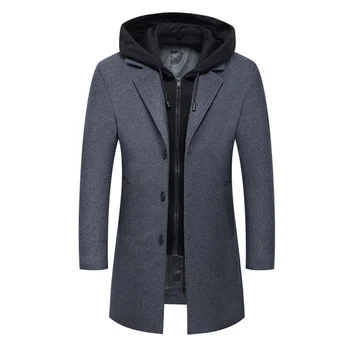 Новое зимнее шерстяное пальто, мужской модный Длинный тренч с капюшоном, Деловые Повседневные мужские Шерстяные пальто, Однобортный пиджак