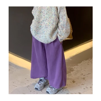 Новые весенне-осенние брюки для девочек, однотонные широкие брюки из искусственного кашемира фиолетового, бежевого, черного цвета, повседневные брюки, детская одежда