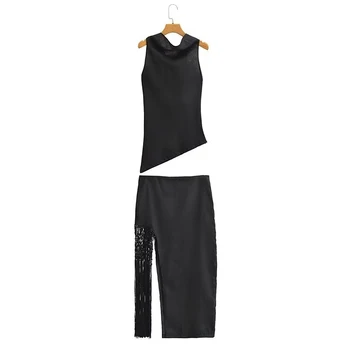 Новые модные женские комплекты юбок из двух частей, Летний короткий топ с рукавами, высокая талия, Черная юбка с кисточками