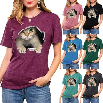 Новый весенне-летний пуловер с рисунком кота, Свободная футболка с коротким рукавом, Топ S-5XL