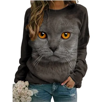 Новый женский свитер с длинными рукавами и круглым вырезом с рисунком кота