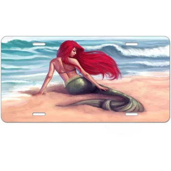 Номерной знак Русалка на пляже с рыжими волосами, декоративный передний номерной знак автомобиля, автомобильный номерной знак из алюминия 6X12 дюймов для женщин
