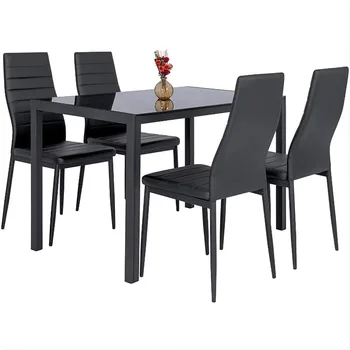 Обеденный стол SUGIFT из 5 предметов, обеденный стол из закаленного стекла с 4 стульями, черный кухонный стол и стулья