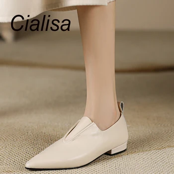 Обувь Cialisa/ 2023, Осенняя женская обувь из натуральной кожи бежевого цвета с острым носком, Новая удобная женская обувь ручной работы на плоской подошве.