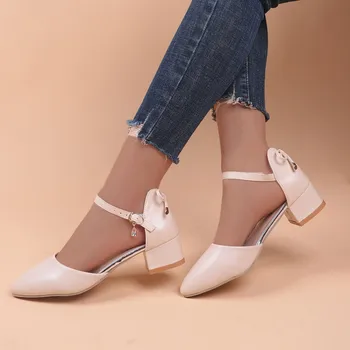 Обувь Mary Jane, женские модные однотонные балетки, Кожаные Сандалии на толстом каблуке с острым носком и пряжкой, повседневная обувь Sweet Lolita