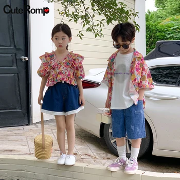 одежда для брата, сестры, брата и сестер, подходящие друг другу наряды для семьи 2023, летняя рубашка с отворотом в цветочек для мальчика, рубашка с перекрестным цветком для девочки в корейском стиле