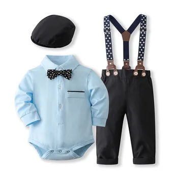 Одежда для джентльменов для новорожденных мальчиков, комплект костюмов, детская шапка с галстуком-бантом + комбинезон с рисунком динозавра + Штаны на подтяжках, одежда для младенцев