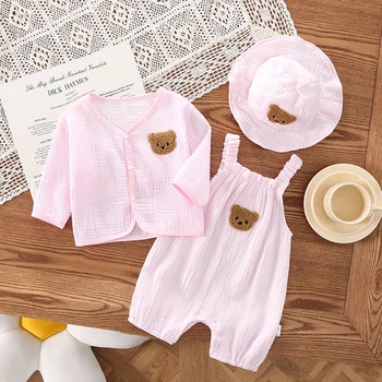 Одежда для маленьких девочек от 1 до 2 лет, розовые муслиновые комплекты одежды для маленьких девочек, милый наряд с мультяшным медведем, комплект комбинезонов для новорожденных, комбинезон