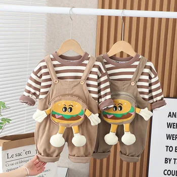 Одежда для малышей, весенне-осенний топ с длинными рукавами для мальчика + милый комбинезон, 2 шт. / компл., детская одежда, мультяшные наборы для малышей