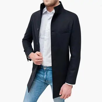 Однотонное пальто, повседневная ветровка средней длины, верхняя мужская одежда с воротником-стойкой, однобортные карманы, стильное шерстяное пальто