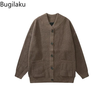 Однотонный универсальный кардиган Bugilaku, трендовый свитер, ленивый свободный вязаный свитер с V-образным вырезом, повседневное пальто для пары