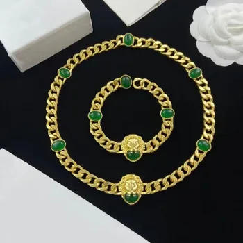 Ожерелье из зеленого горного хрусталя с львиной головой, латунный материал, винтажное ожерелье-браслет