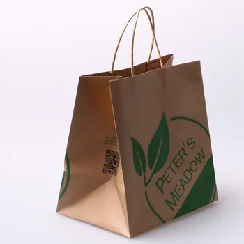 Оптовая продажа 500 шт. / лот Высококачественная сумка для покупок из крафт-бумаги с нанесенным на заказ логотипом из экологически чистой коричневой Крафт-бумаги с ручкой для упаковки пищевых продуктов