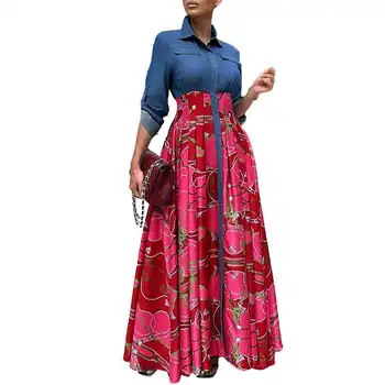 ОсеннеЗимние африканские платья для женщин из полиэстера с принтом в африканском стиле с длинным рукавом Красное синее длинное платье Макси Платье Африканская одежда