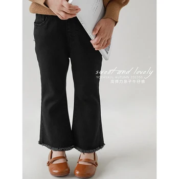 Осенние новые детские винтажные эластичные узкие расклешенные брюки для девочек, однотонные брюки для девочек