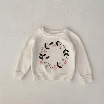 Осенний Вязаный пуловер для мальчиков и девочек, Детская рубашка, Детский свитер с вышивкой и цветком, детский хлопковый трикотажный костюм, Повседневные топы для младенцев