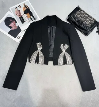 Осенняя мода 2023, женский блейзер с бриллиантами и бантом, женское шикарное пальто, Верхняя одежда для леди Lcf 8.11