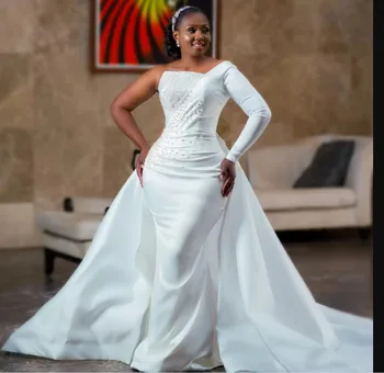 Очаровательные свадебные платья в африканском стиле с длинным рукавом и съемным шлейфом из атласа русалки большого размера Rrobe De Mariee Luxe 2023