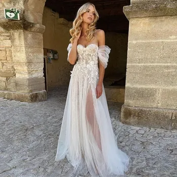 Персонализированное пляжное свадебное платье в стиле бохо из тюля в виде сердечка, свадебное платье с открытыми плечами, плиссированные рукава.