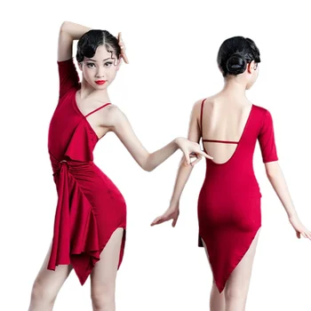 Платье для латиноамериканских танцев с одним рукавом, одежда для танцев Танго Румба для девочек, красные платья, костюм для выступлений, одежда для тренировок