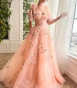 Платья для выпускного вечера с открытыми плечами Princess Flowers для женщин, Свадебное длинное платье для вечеринки в саду для подростков, бальное платье из персикового тюля, vestidos