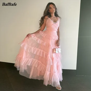 Платья для выпускного вечера из розового тюля Bafftafe трапециевидной формы, арабские женские платья с оборками, многоуровневая юбка длиной до щиколоток, дубайское вечернее платье для вечеринок