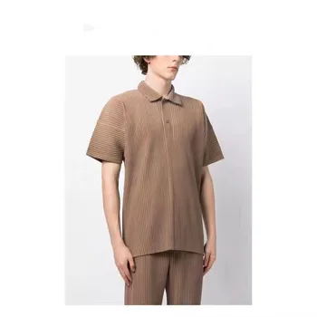 Плиссированная рубашка-поло Miyake, мужская летняя футболка-поло с коротким рукавом, дышащие, свободные однотонные рубашки премиум-класса.