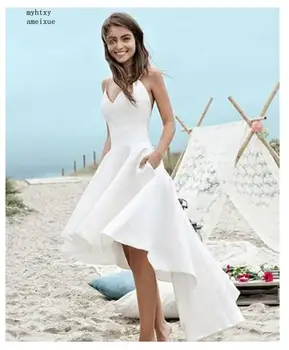 Пляжные свадебные платья на бретельках 2023 Vestido Noiva Praia High Low Свадебные платья Casamento из белого атласа на заказ