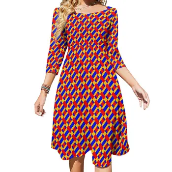 Повседневное платье с принтом в стиле пэчворк, синие, желтые и красные пляжные платья, весеннее сексуальное уличное платье с квадратным воротником, большой размер 6XL
