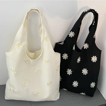 Повседневные сумки через плечо, холст с вышивкой из кружева и маргаритки, модные женские сумки Harajuku для девочек, дешевые большой емкости