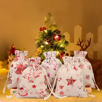 Подарочный пакет из мешковины Яркие рождественские подарочные пакеты в деревенском стиле 24 Многоразовых хлопчатобумажных льняных набора горячего тиснения из мешковины для праздничных конфет