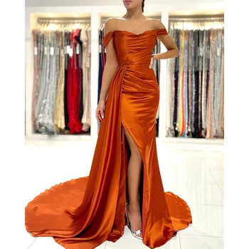 Популярные Оранжевые вечерние платья Русалки с открытыми плечами и разрезом сбоку, сшитые на заказ в 2023 году Rode De Morrie
