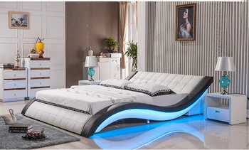постмодернистская кровать из натуральной кожи / мягкая кровать / двуспальная кровать king / queen size спальня со звуковой системой для iphone ipad LED light