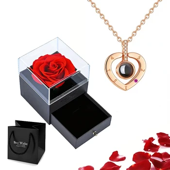 Проекционные ожерелья С подарочной коробкой из роз на 100 языках, ювелирные изделия с подвеской в виде сердца 