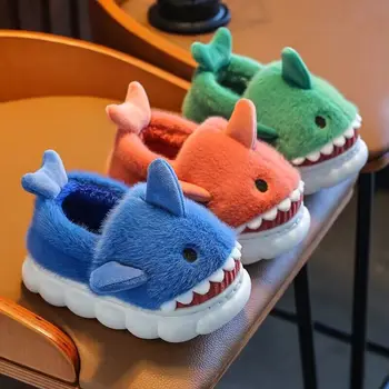 Пушистые детские Зимние Теплые Хлопчатобумажные Тапочки Домашняя обувь с акулами Вьетнамки Для маленьких девочек Милые Мультяшные Мальчики