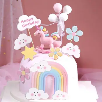 Радужный Топпер для торта в виде единорога С 1-м Днем Рождения, декор для вечеринки в честь единорога, украшения для торта в виде душа ребенка, инструмент для торта на Крестины