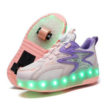 Размер 28-40 Дизайнерские кроссовки со светодиодными двойными колесами для детей, мальчиков и девочек, роскошные светящиеся роликовые коньки USB с подсветкой, детская обувь