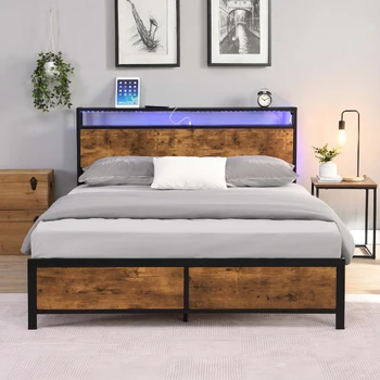 Размерный промышленный каркас кровати Без шума, со светодиодной подсветкой, 2 USB-портами и хранилищем, пружинная коробка не требуется, коричневый в деревенском стиле [US-W]