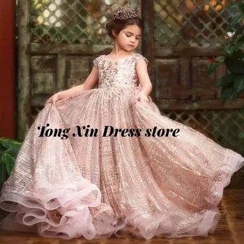 Расшитое бисером бальное платье для девочек, нарядные платья на бретельках, платье принцессы с цветочным узором, Атласное платье с блестками и аппликацией First Comm