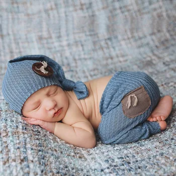 Реквизит для фотосъемки новорожденных Брюки Шляпа с длинным хвостом Костюм-двойка Детские принадлежности Трикотажные брюки Шляпа с пуговицами фотоаксессуары