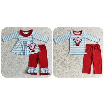 Рождественская одежда для сна с Санта-Клаусом с вышивкой; Детская одежда; Детские пижамы из хлопка в синюю полоску; Красные штаны в тон для маленьких мальчиков и девочек
