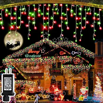 Рождественские украшения для дома 2024 Светодиодные фонари-сосульки Защитное напряжение 24 В Гирлянда для занавесок со 144 каплями 20 м 864 светодиода Новый Год