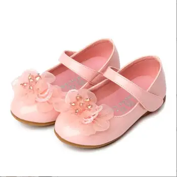 Розовые балетки для девочек, танцевальные туфли принцессы с кружевными цветами, Кожаная обувь, Детская праздничная свадебная обувь, Обувь с круглым носком.