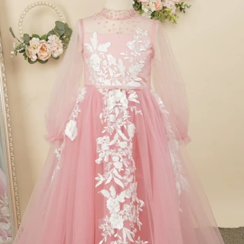 Розовые платья для девочек в цветочек, кружевное пышное Прозрачное платье принцессы для милой девушки с длинным рукавом на День рождения, Свадебная вечеринка, платье для Первого причастия