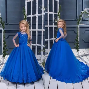 Роскошное синее кружевное платье с аппликацией из тюля с длинным рукавом для девочек в цветочек, Свадебное Платье для подружек невесты, День рождения, Выпускной вечер, платья для Первого причастия