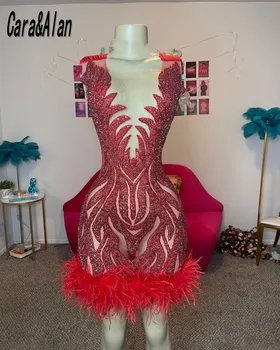 Роскошные вечерние платья с красными стразами для женщин, прозрачные вечерние платья с перьями на шее, расшитые бисером, Черное коктейльное платье для девочек Cocktailkleid