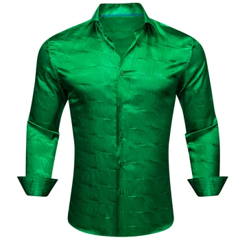 Роскошные Рубашки для мужчин из шелкового атласа с длинным рукавом Зеленого цвета, Однотонные Облегающие Мужские Блузки, Повседневные официальные топы, Дышащие Barry Wang